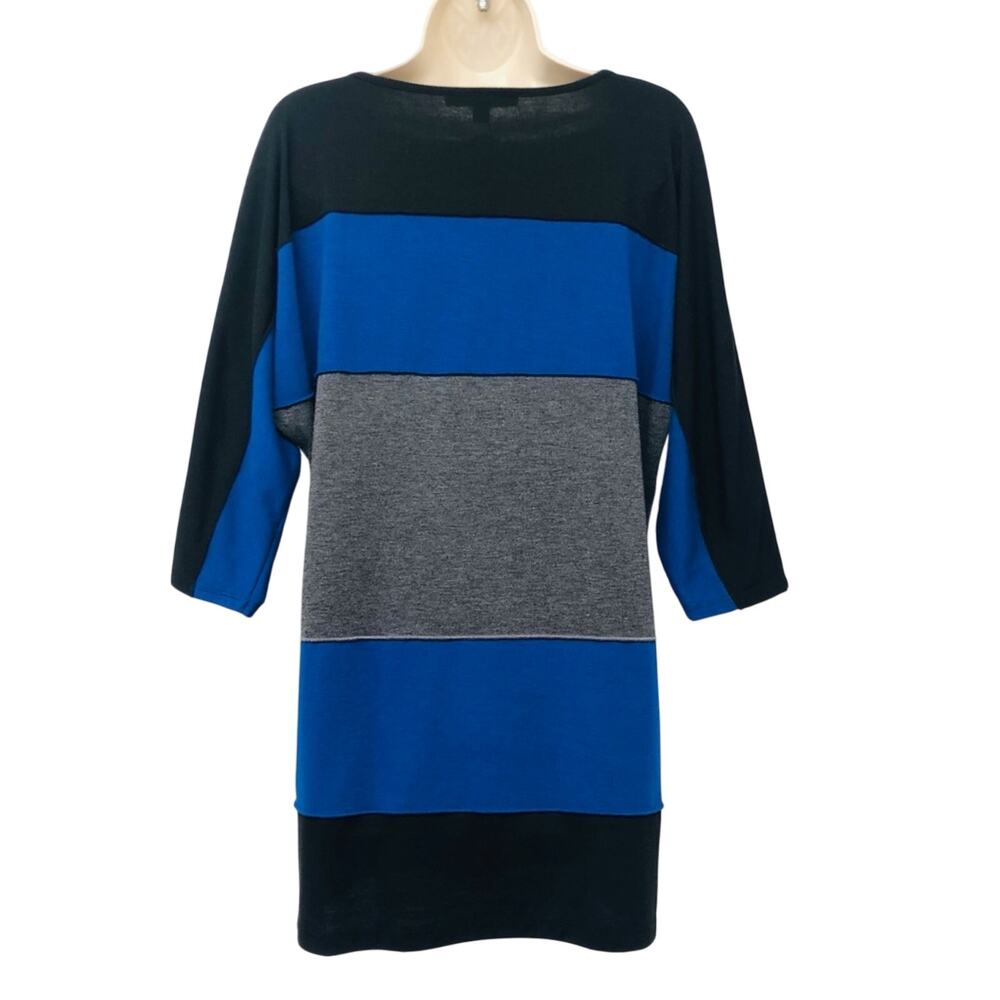 Coco Bianco Color Block Scoop Neck Tunic Dolman Sleeve Blue Gray Black - Picture 2 of 16